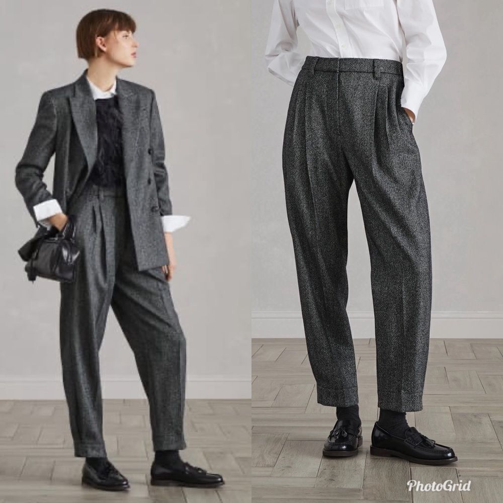 Ann Freedberg Vintage Tweed Herringbone High Waisted Tapered Leg Trousers